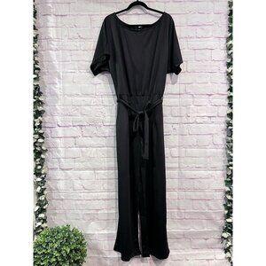 Women’s Casual Crew Neck Short Sleeve Belted Loose Long Wide Leg Jumpsuit Romper